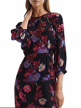 Reiss Floral Mini Dress in Black & Red Size 14